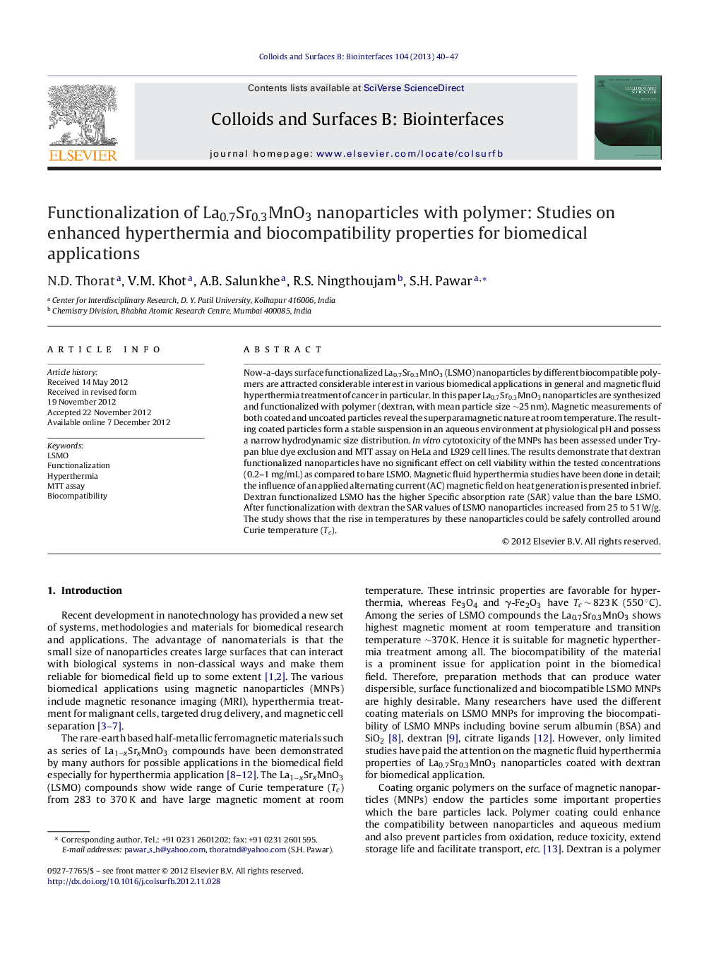 عکس صفحه اول مقاله: Functionalization of La0.7Sr0.3MnO3 nanoparticles with polymer: Studies on enhanced hyperthermia and biocompatibility properties for biomedical applications Functionalization of La0.7Sr0.3MnO3 nanoparticles with polymer: Studies on enhanced hyperthermia and biocompatibility properties for biomedical applications