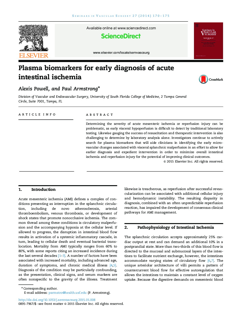 Plasma biomarkers for early diagnosis of acute intestinal ischemia