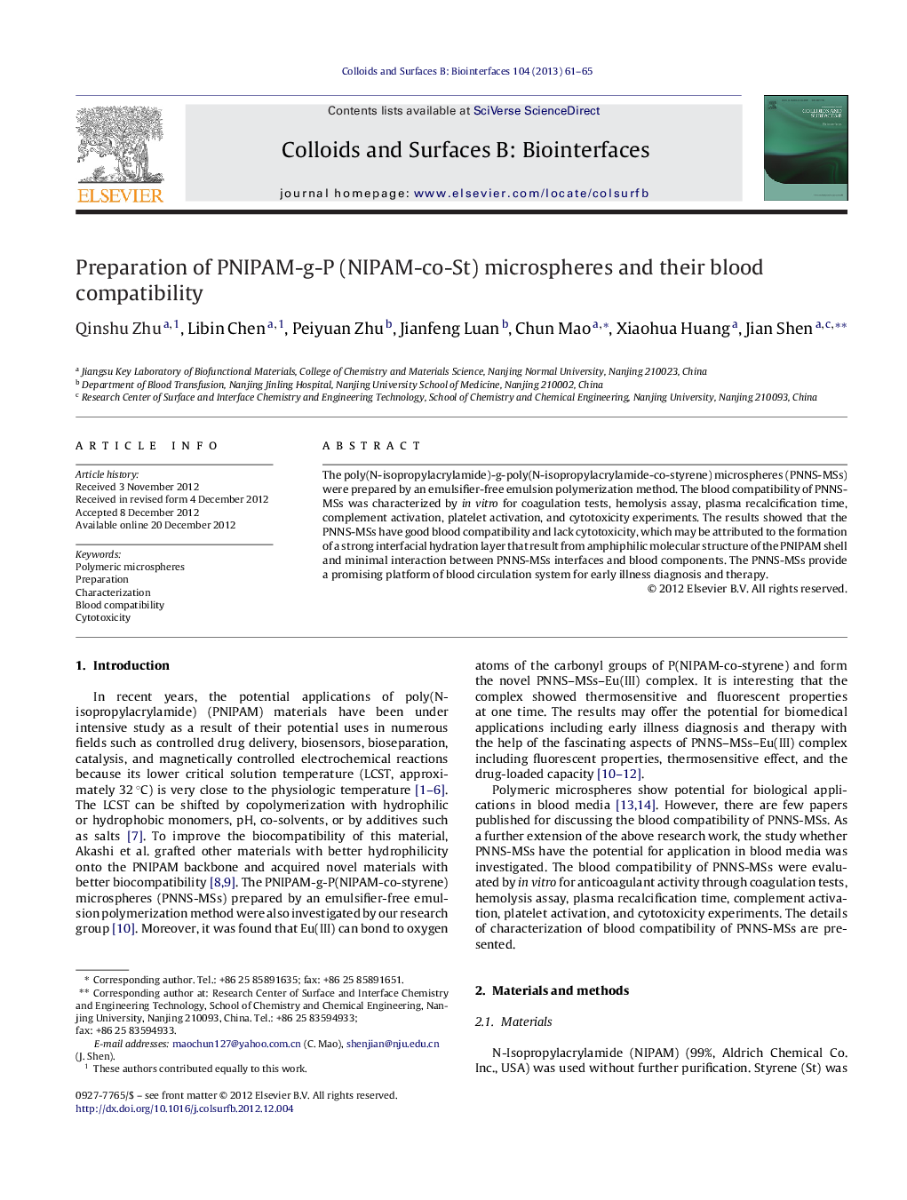 Preparation of PNIPAM-g-P (NIPAM-co-St) microspheres and their blood compatibility