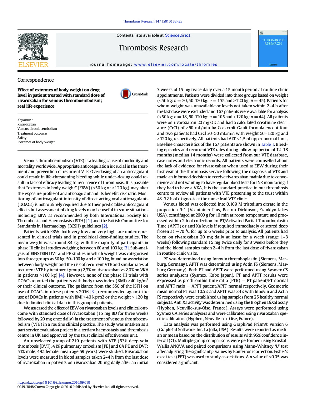 Effect of extremes of body weight on drug level in patient treated with standard dose of rivaroxaban for venous thromboembolism; real life experience