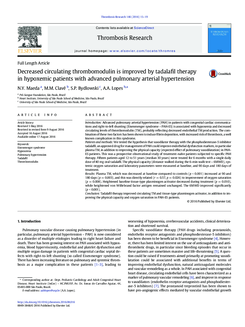 Decreased circulating thrombomodulin is improved by tadalafil therapy in hypoxemic patients with advanced pulmonary arterial hypertension