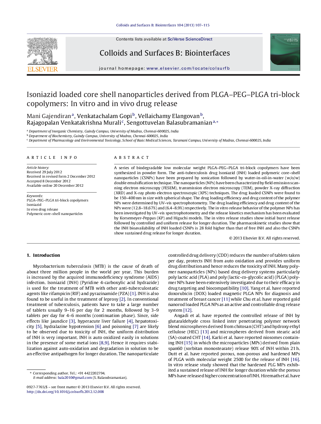 Isoniazid loaded core shell nanoparticles derived from PLGA-PEG-PLGA tri-block copolymers: In vitro and in vivo drug release