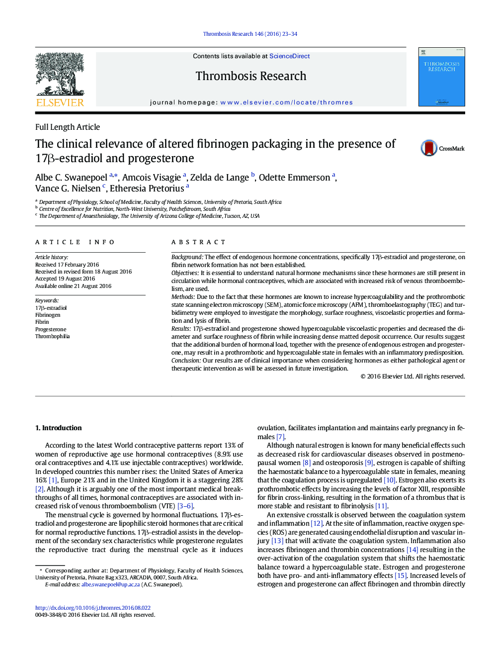 The clinical relevance of altered fibrinogen packaging in the presence of 17Î²-estradiol and progesterone