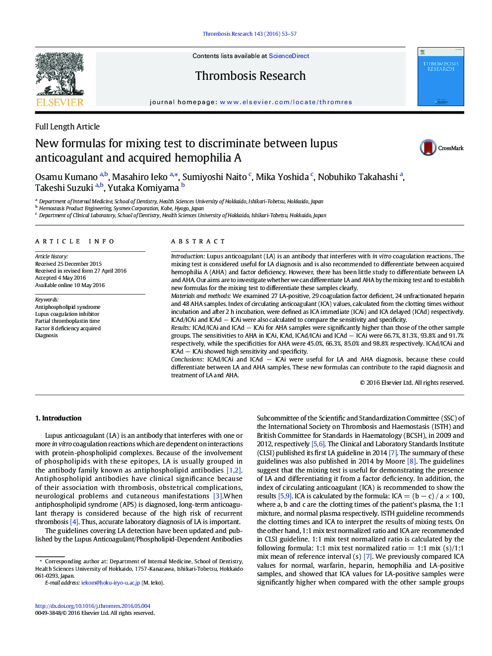 New formulas for mixing test to discriminate between lupus anticoagulant and acquired hemophilia A