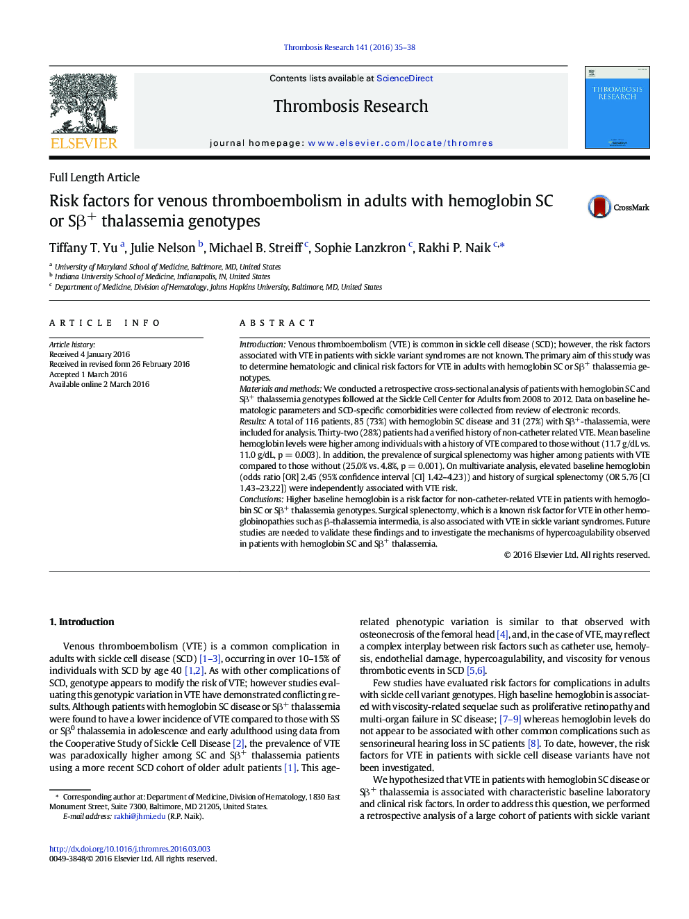 عکس صفحه اول مقاله: Risk factors for venous thromboembolism in adults with hemoglobin SC or Sβ+ thalassemia genotypes Risk factors for venous thromboembolism in adults with hemoglobin SC or Sβ+ thalassemia genotypes