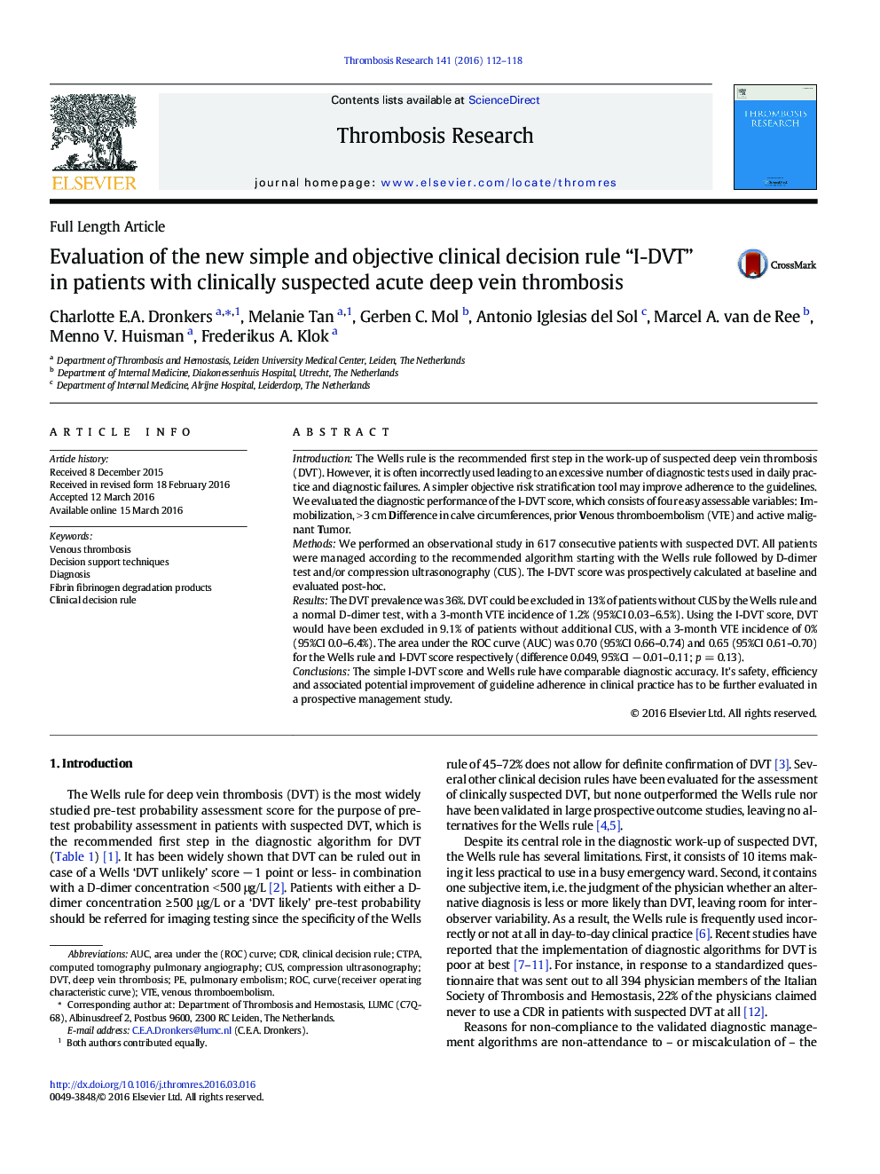 Evaluation of the new simple and objective clinical decision rule “I-DVT” in patients with clinically suspected acute deep vein thrombosis