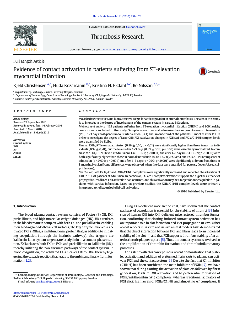 Evidence of contact activation in patients suffering from ST-elevation myocardial infarction