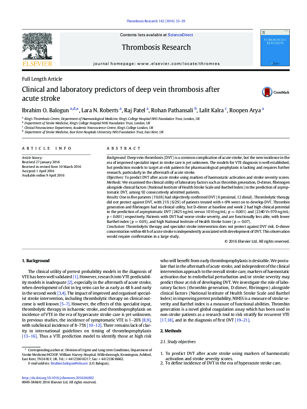 Clinical and laboratory predictors of deep vein thrombosis after acute stroke