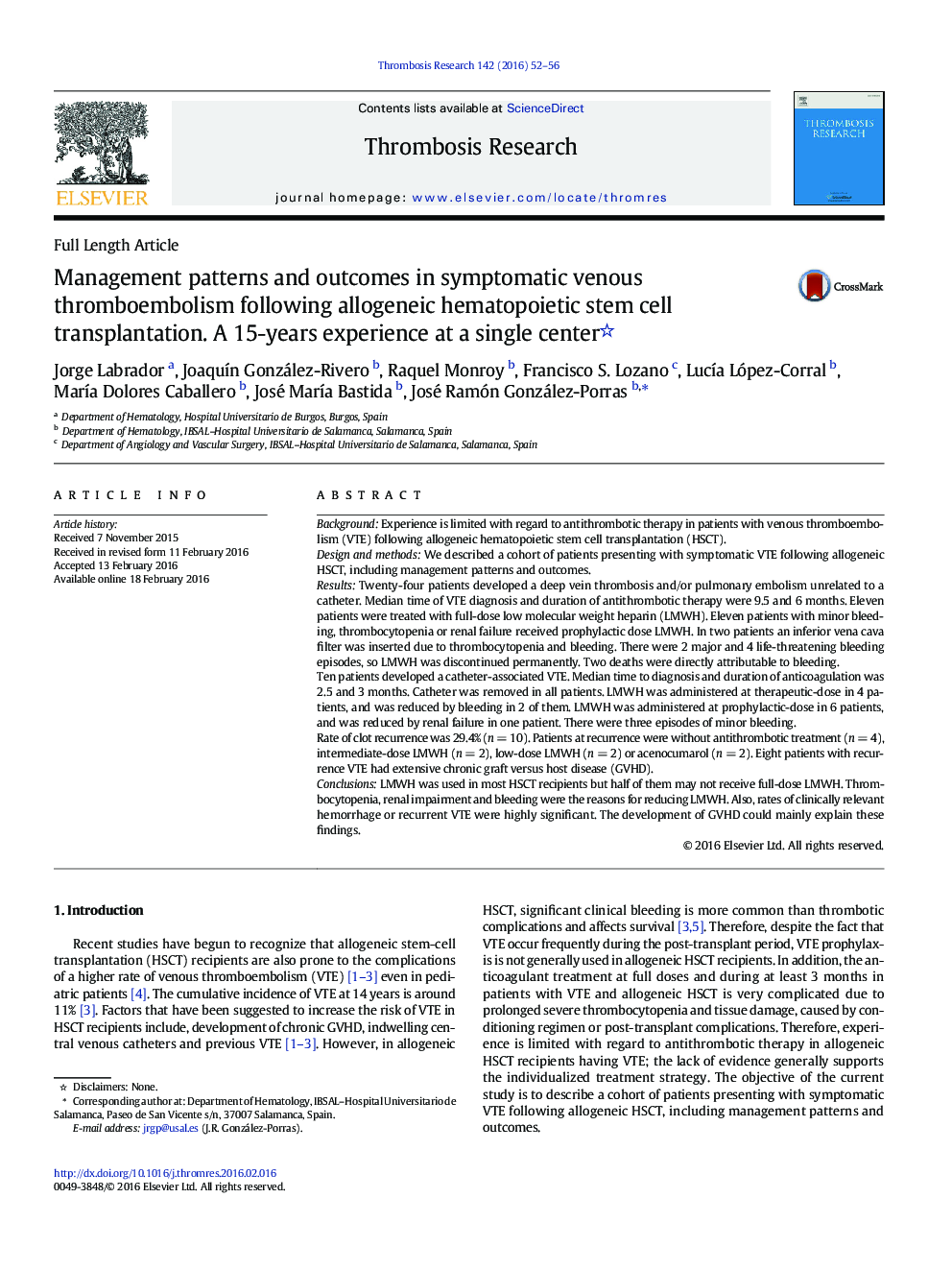 Management patterns and outcomes in symptomatic venous thromboembolism following allogeneic hematopoietic stem cell transplantation. A 15-years experience at a single center
