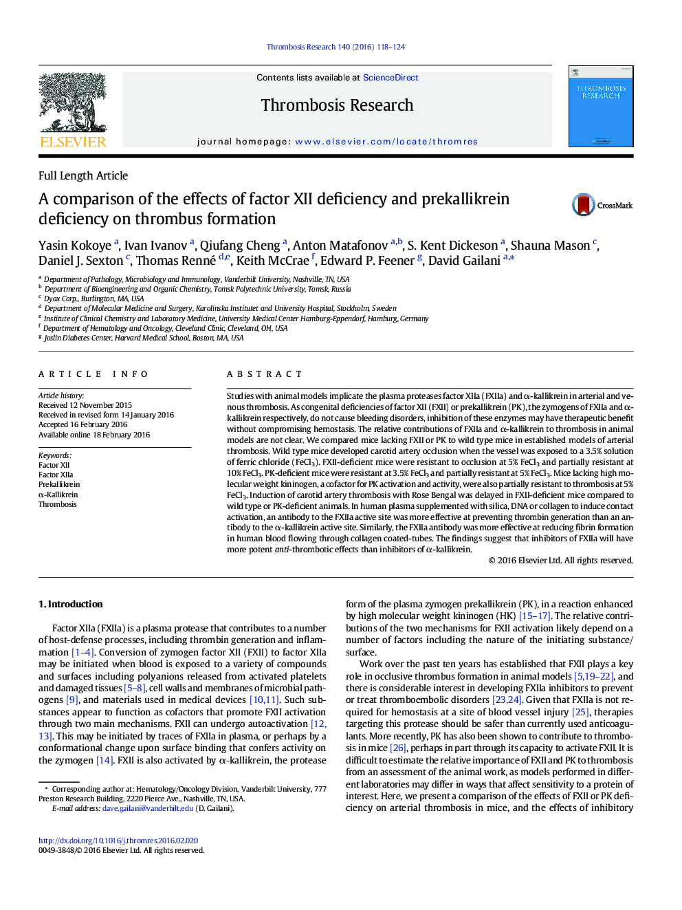 A comparison of the effects of factor XII deficiency and prekallikrein deficiency on thrombus formation