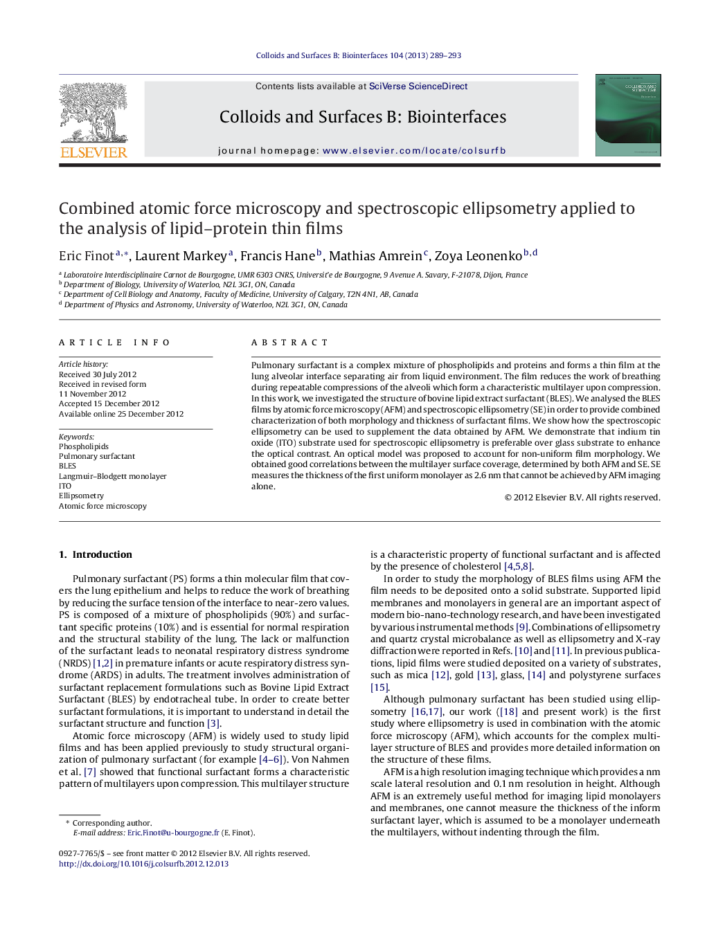 Combined atomic force microscopy and spectroscopic ellipsometry applied to the analysis of lipid–protein thin films