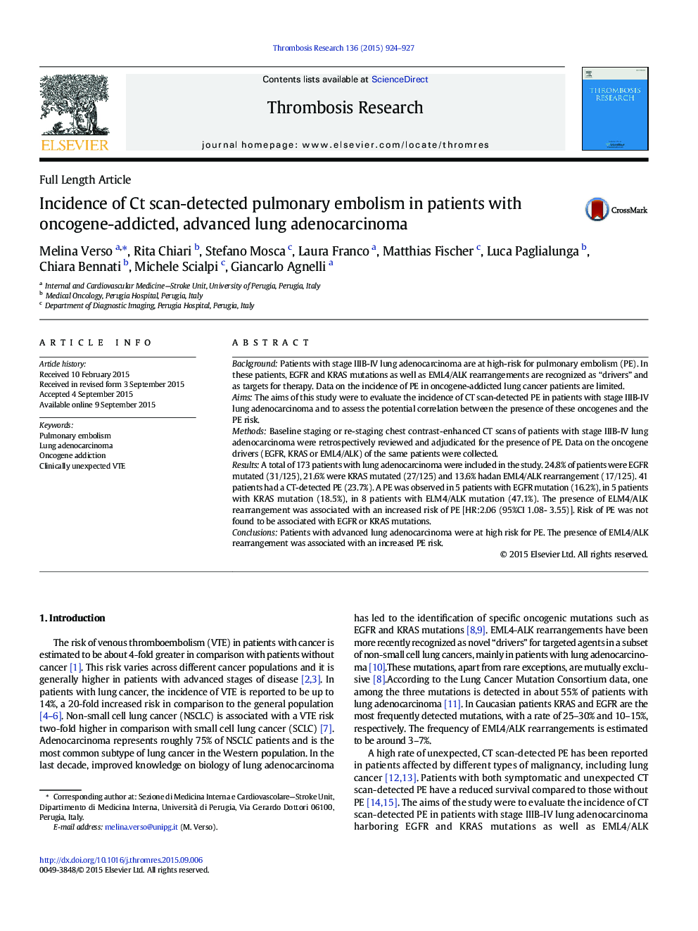 Incidence of Ct scan-detected pulmonary embolism in patients with oncogene-addicted, advanced lung adenocarcinoma