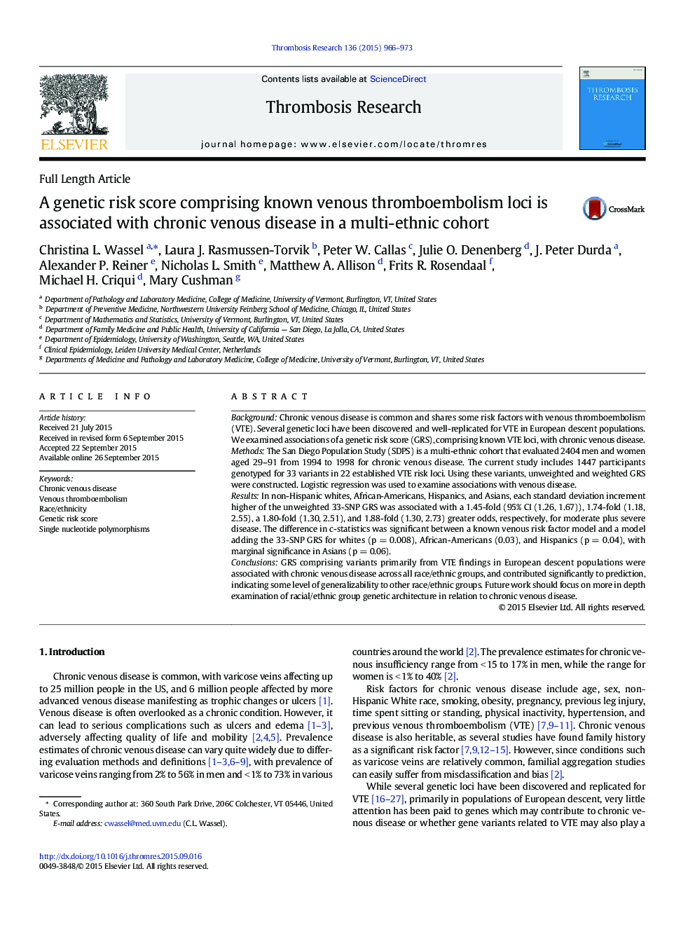 Full Length ArticleA genetic risk score comprising known venous thromboembolism loci is associated with chronic venous disease in a multi-ethnic cohort