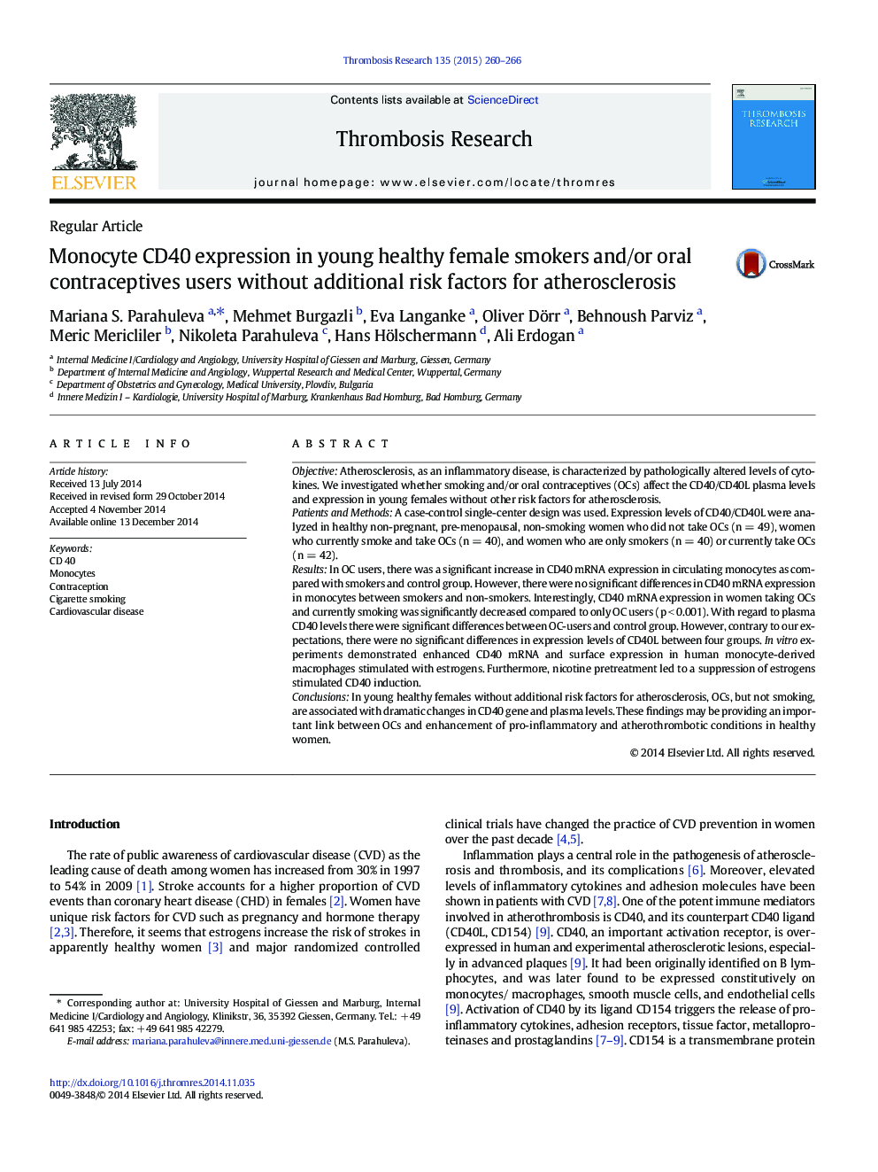 Monocyte CD40 expression in young healthy female smokers and/or oral contraceptives users without additional risk factors for atherosclerosis