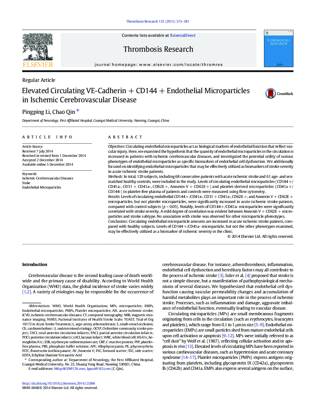 Elevated Circulating VE-Cadherin + CD144 + Endothelial Microparticles in Ischemic Cerebrovascular Disease