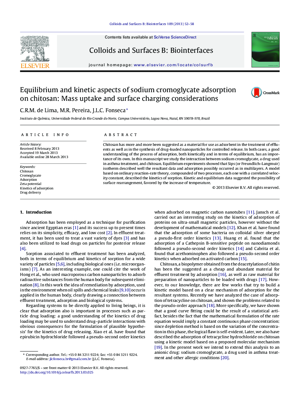 Equilibrium and kinetic aspects of sodium cromoglycate adsorption on chitosan: Mass uptake and surface charging considerations