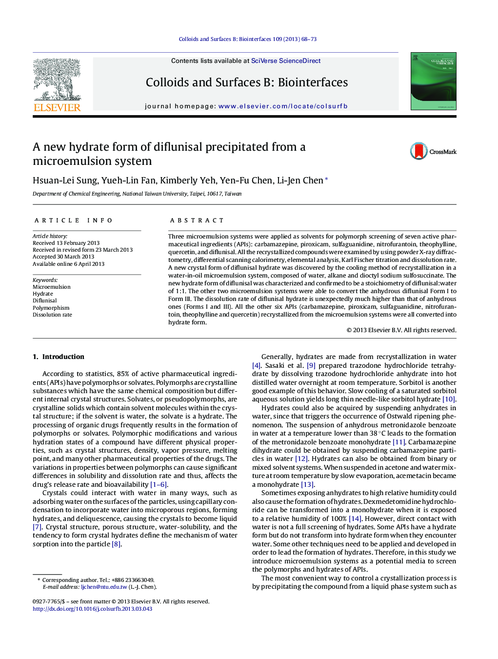 A new hydrate form of diflunisal precipitated from a microemulsion system