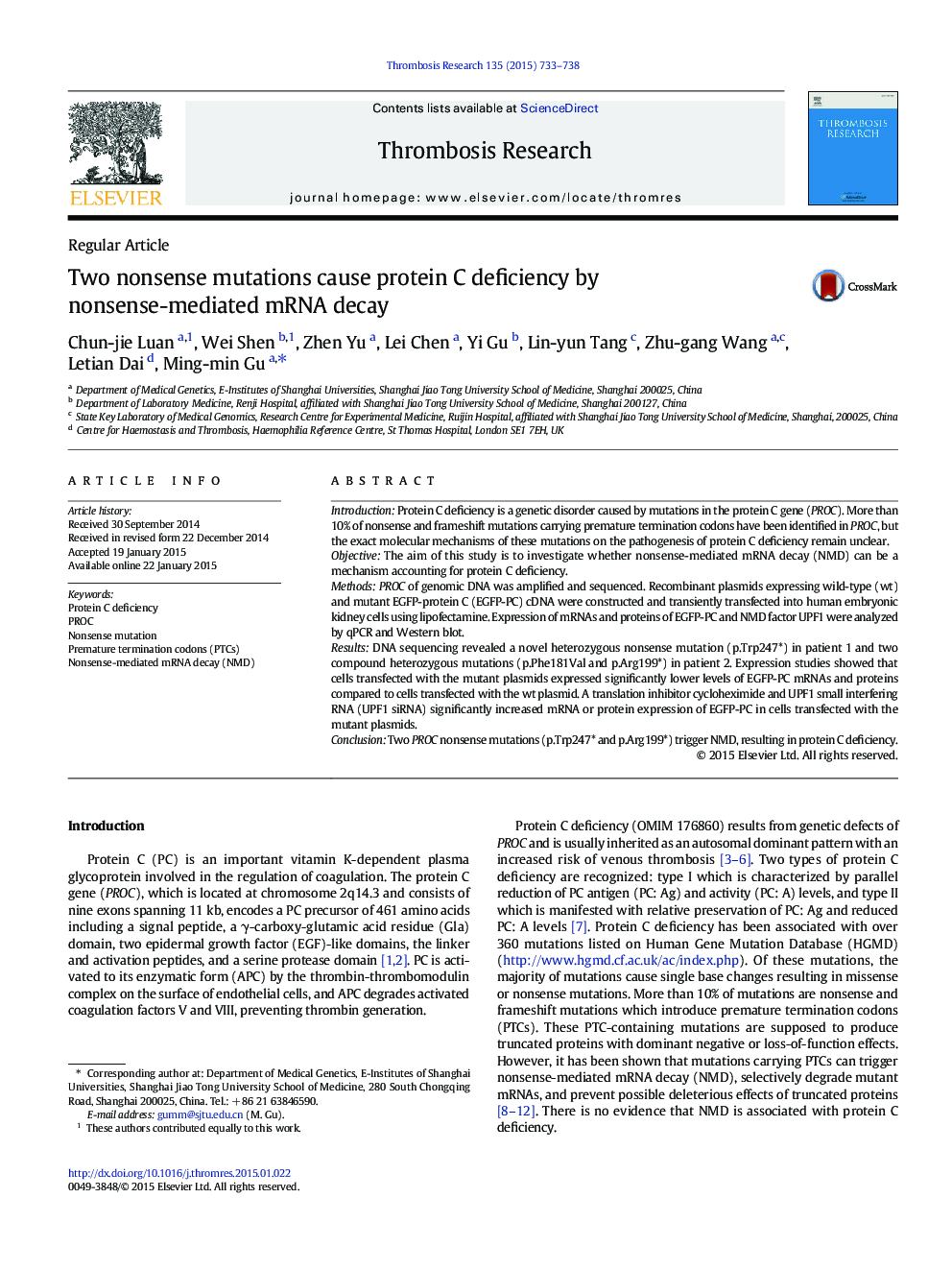 Two nonsense mutations cause protein C deficiency by nonsense-mediated mRNA decay