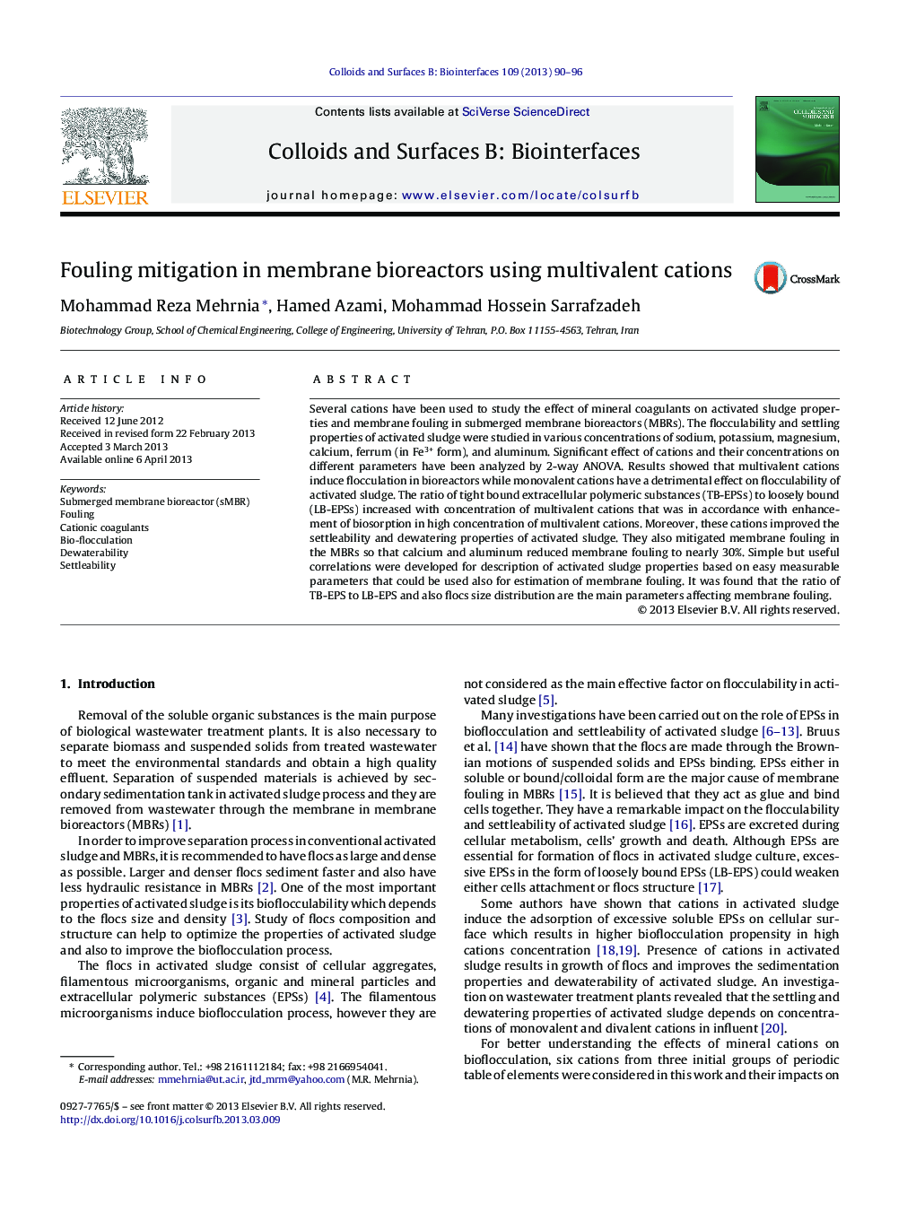 Fouling mitigation in membrane bioreactors using multivalent cations