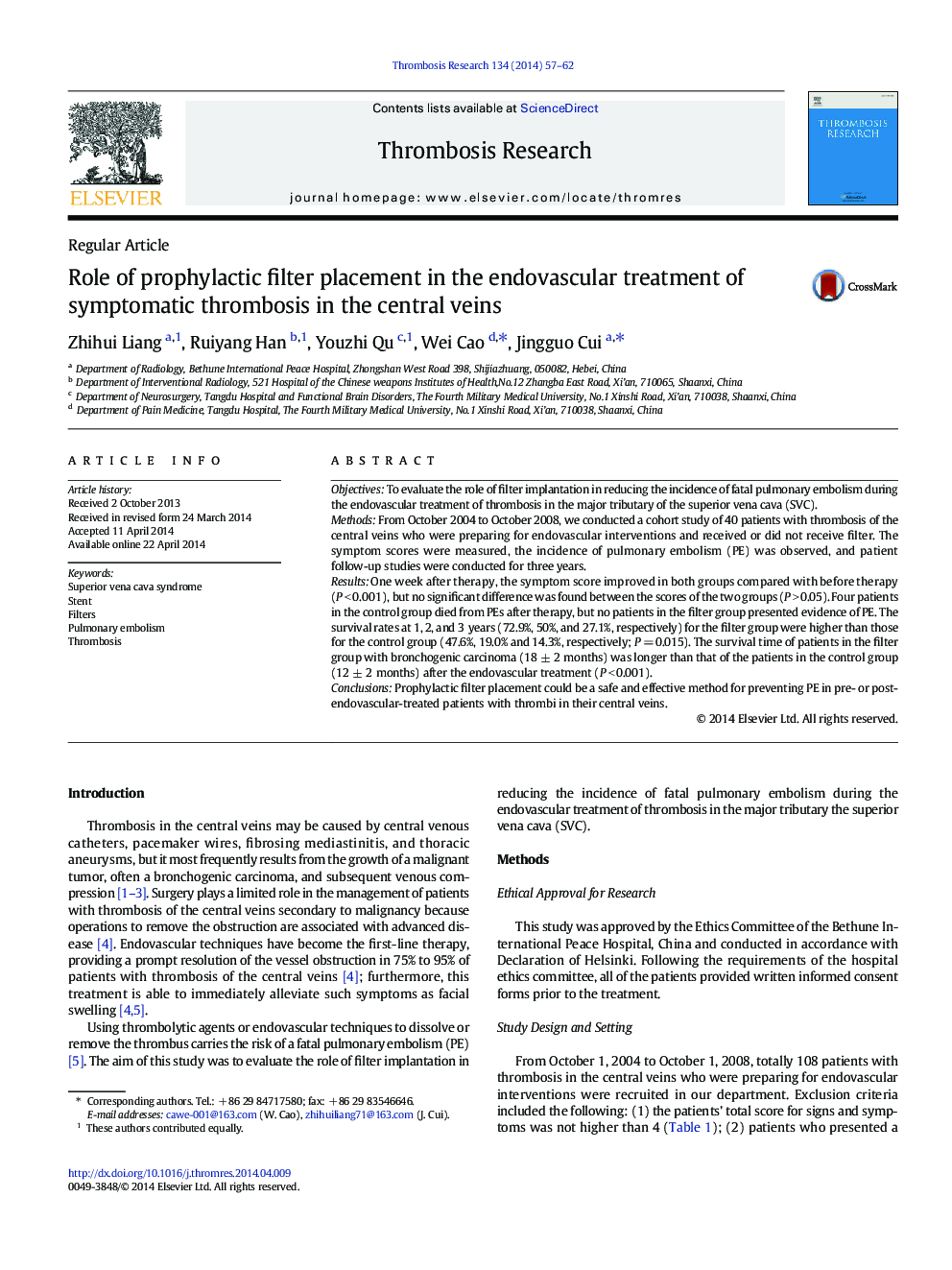 Role of prophylactic filter placement in the endovascular treatment of symptomatic thrombosis in the central veins