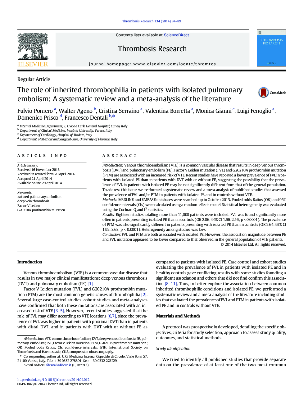 Regular ArticleThe role of inherited thrombophilia in patients with isolated pulmonary embolism: A systematic review and a meta-analysis of the literature