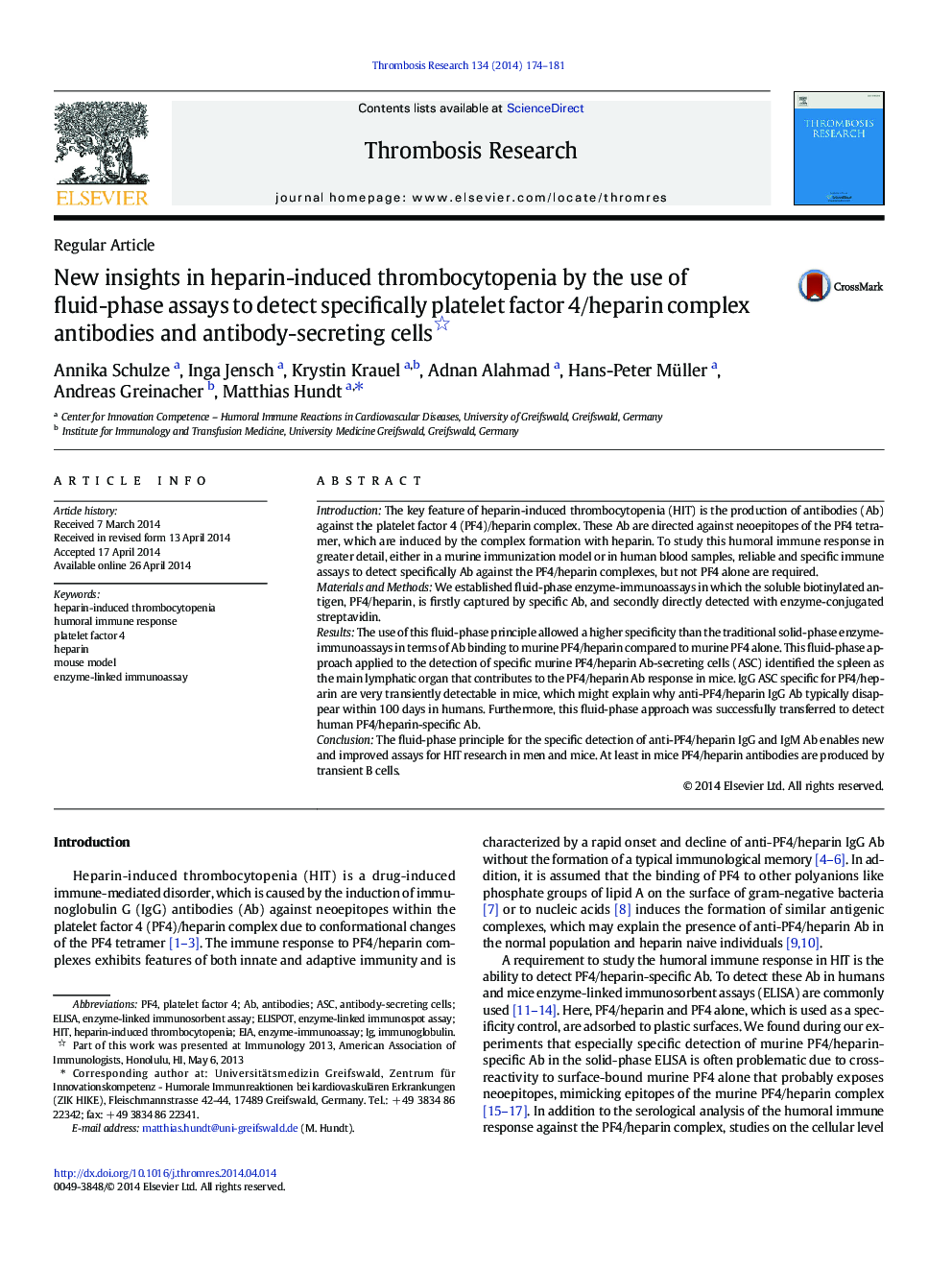 New insights in heparin-induced thrombocytopenia by the use of fluid-phase assays to detect specifically platelet factor 4/heparin complex antibodies and antibody-secreting cells