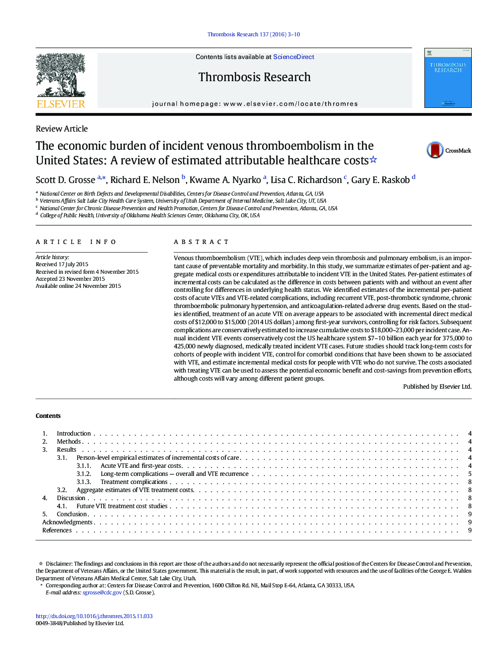 Review ArticleThe economic burden of incident venous thromboembolism in the United States: A review of estimated attributable healthcare costs