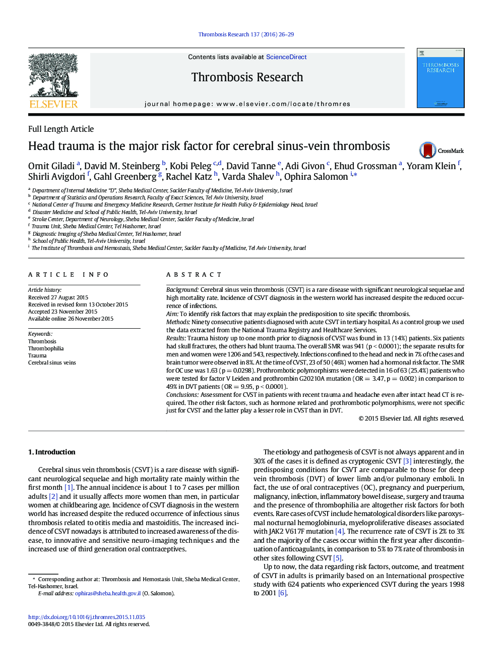 Head trauma is the major risk factor for cerebral sinus-vein thrombosis