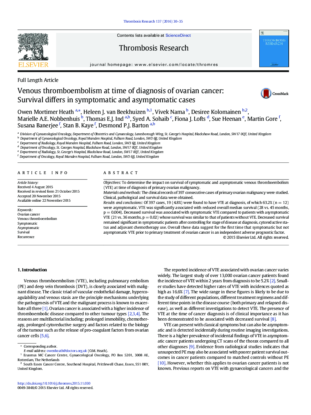 Venous thromboembolism at time of diagnosis of ovarian cancer: Survival differs in symptomatic and asymptomatic cases