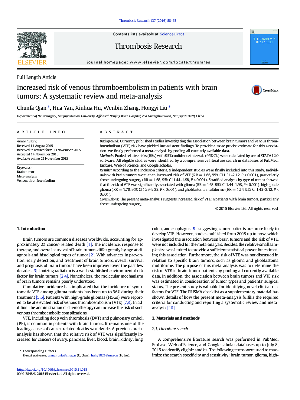 Increased risk of venous thromboembolism in patients with brain tumors: A systematic review and meta-analysis