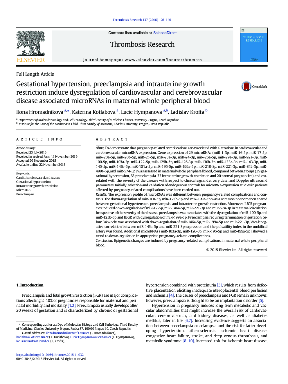 Gestational hypertension, preeclampsia and intrauterine growth restriction induce dysregulation of cardiovascular and cerebrovascular disease associated microRNAs in maternal whole peripheral blood