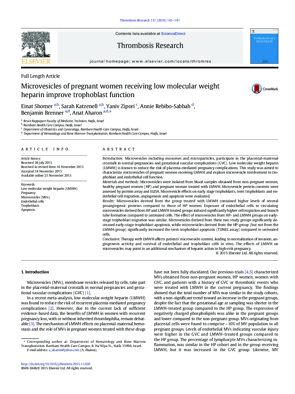 Microvesicles of pregnant women receiving low molecular weight heparin improve trophoblast function