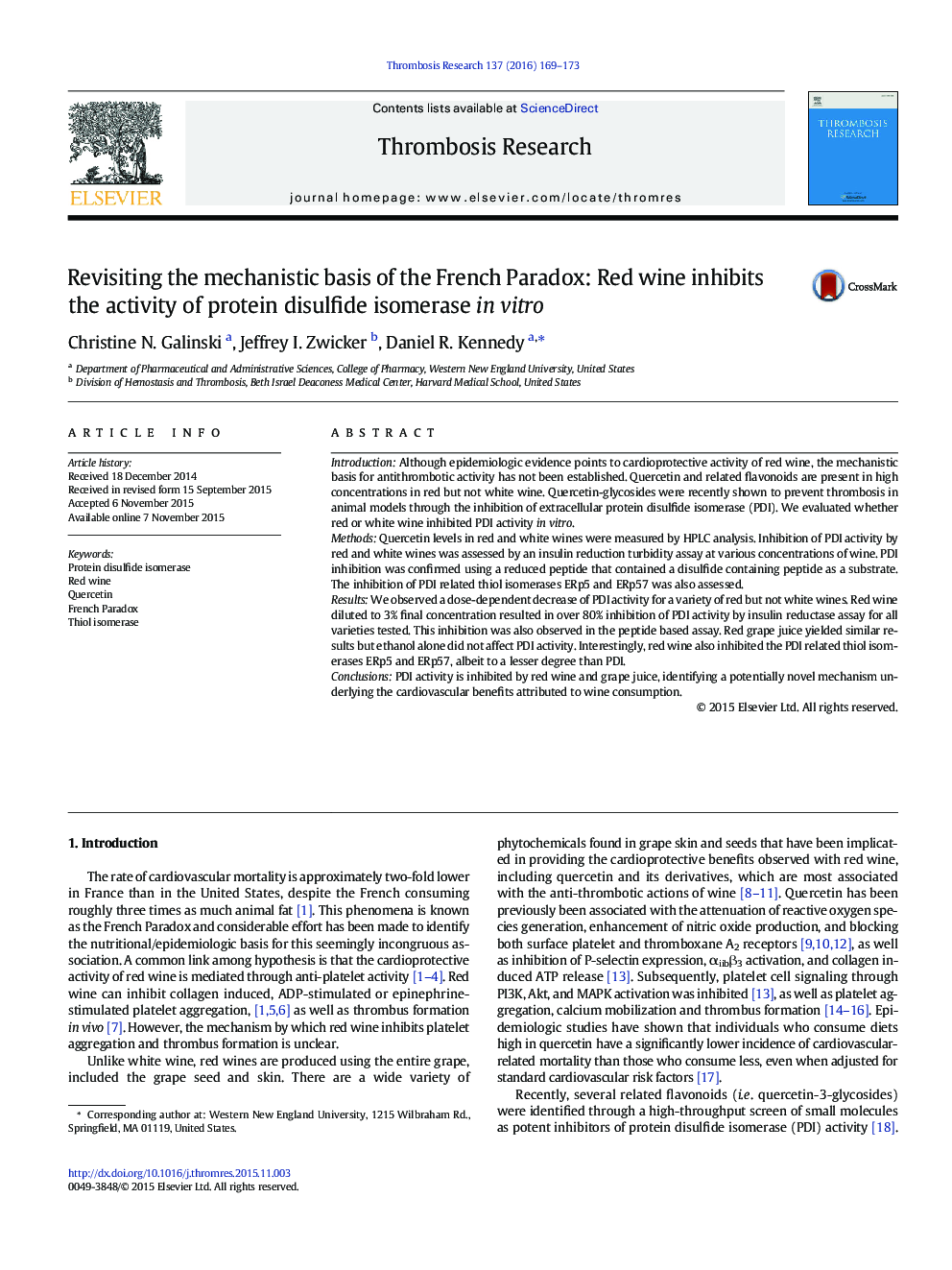 Revisiting the mechanistic basis of the French Paradox: Red wine inhibits the activity of protein disulfide isomerase in vitro