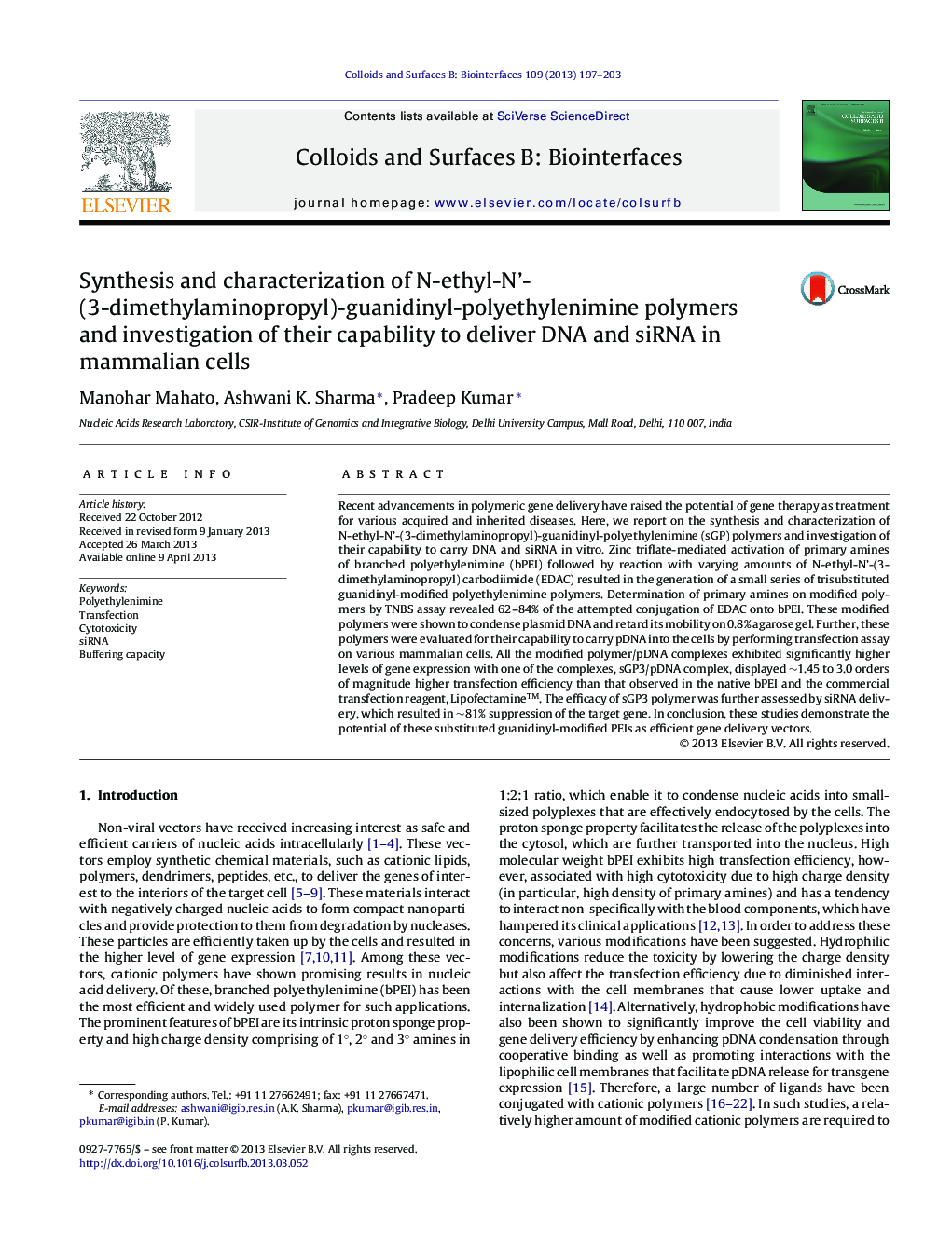 Synthesis and characterization of N-ethyl-N’-(3-dimethylaminopropyl)-guanidinyl-polyethylenimine polymers and investigation of their capability to deliver DNA and siRNA in mammalian cells