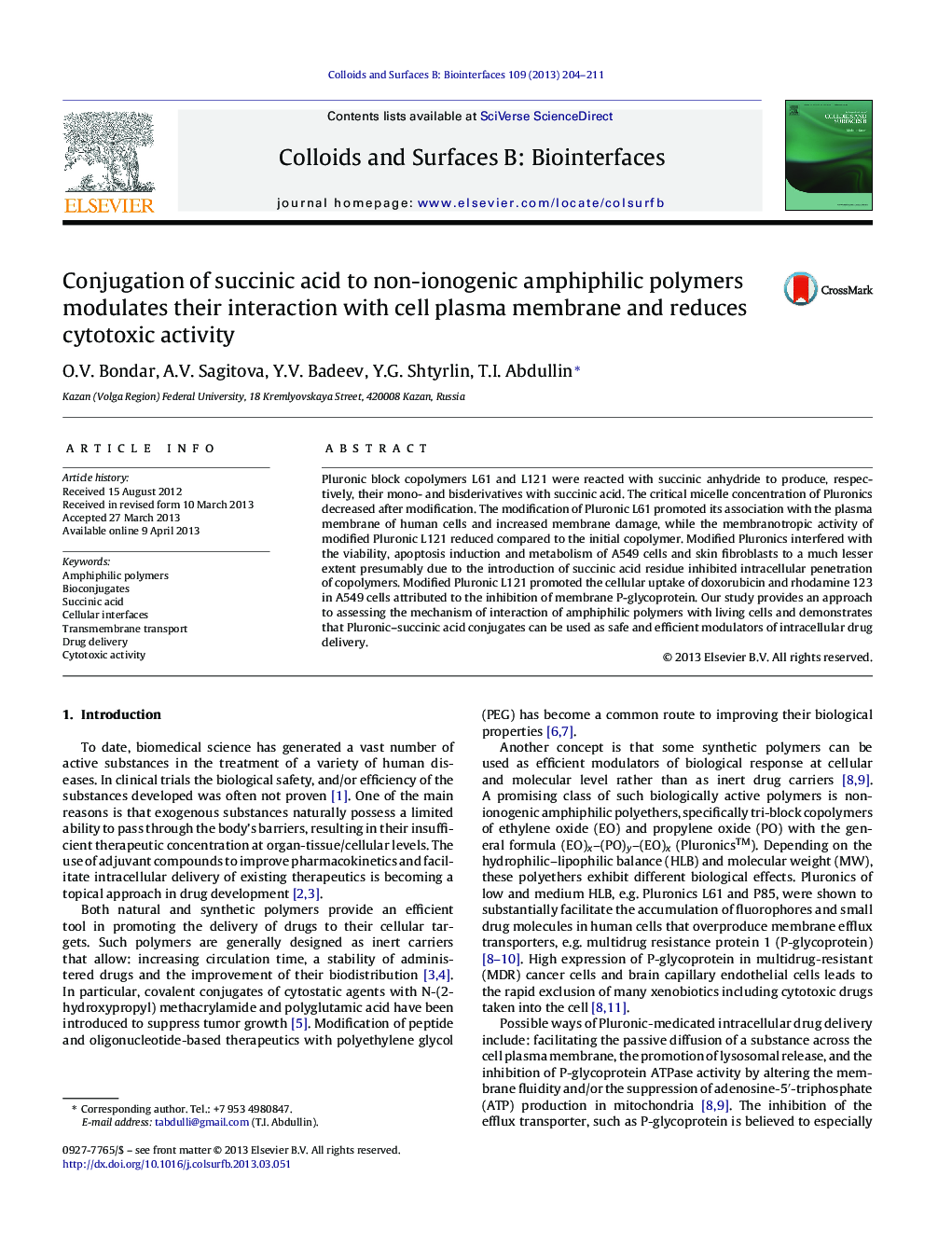 عکس صفحه اول مقاله: Conjugation of succinic acid to non-ionogenic amphiphilic polymers modulates their interaction with cell plasma membrane and reduces cytotoxic activity Conjugation of succinic acid to non-ionogenic amphiphilic polymers modulates their interaction with cell plasma membrane and reduces cytotoxic activity