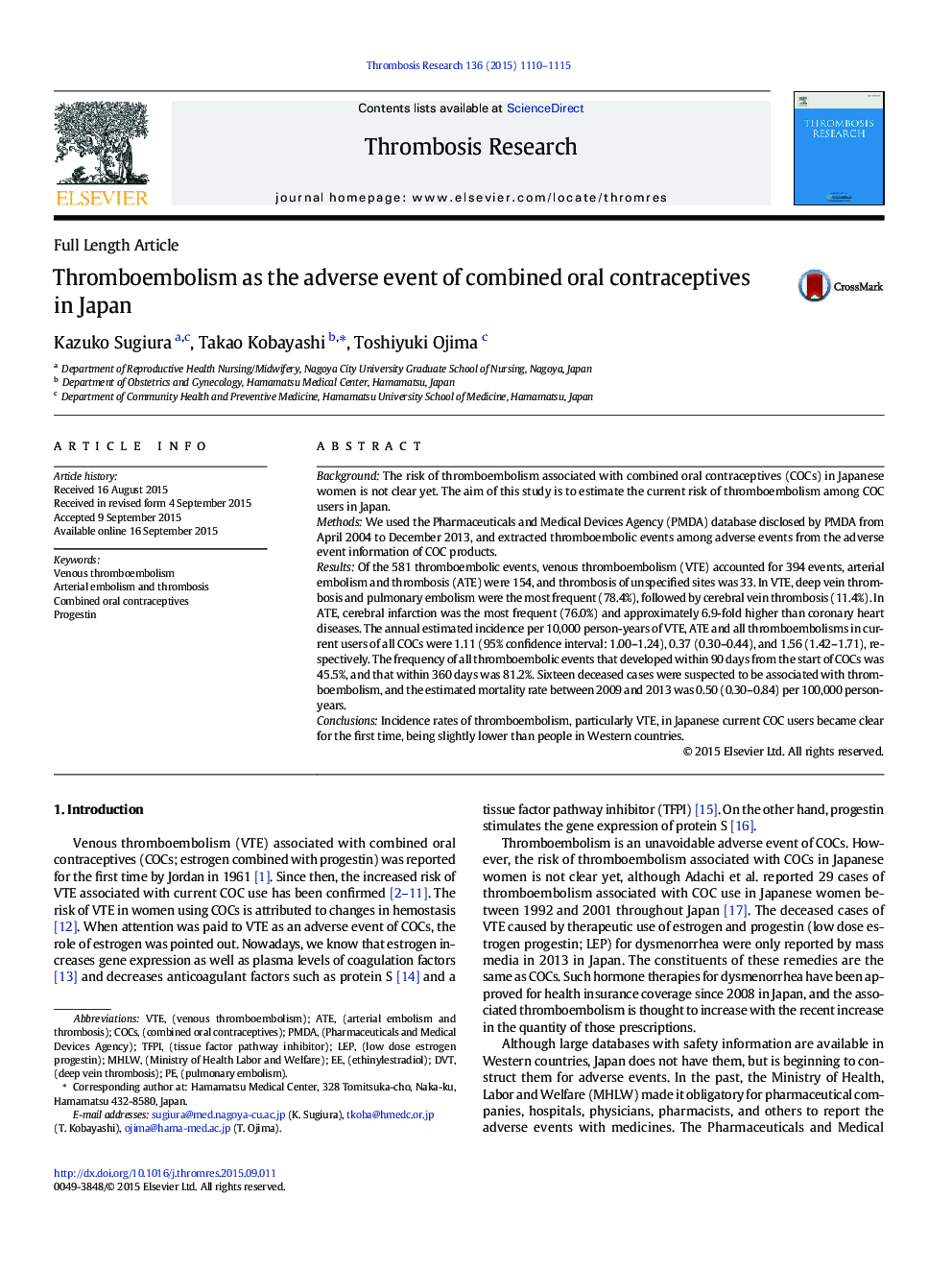 Thromboembolism as the adverse event of combined oral contraceptives in Japan