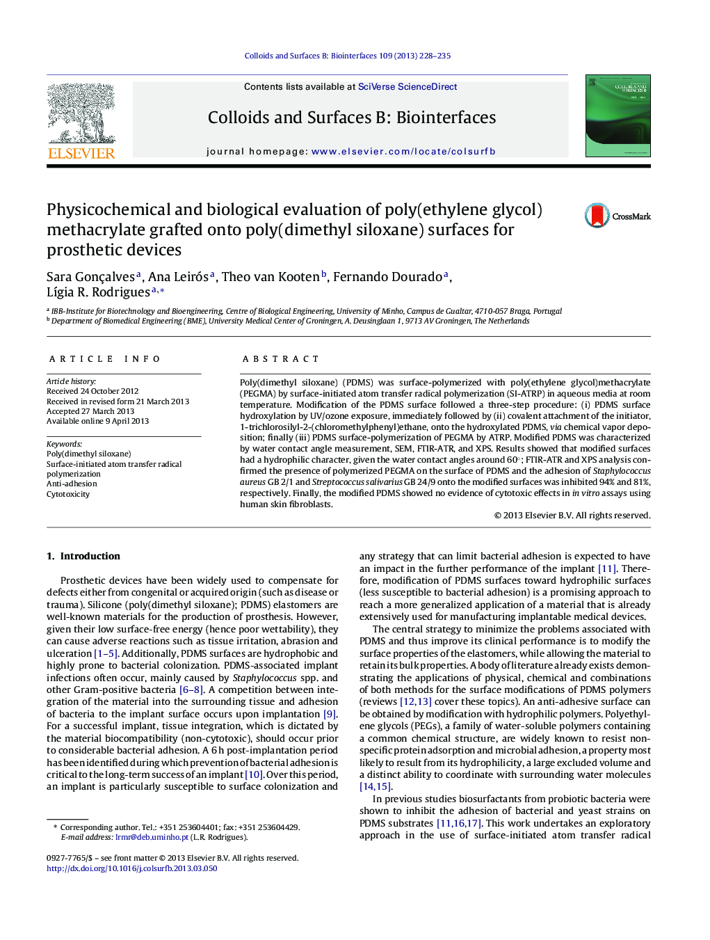 Physicochemical and biological evaluation of poly(ethylene glycol) methacrylate grafted onto poly(dimethyl siloxane) surfaces for prosthetic devices