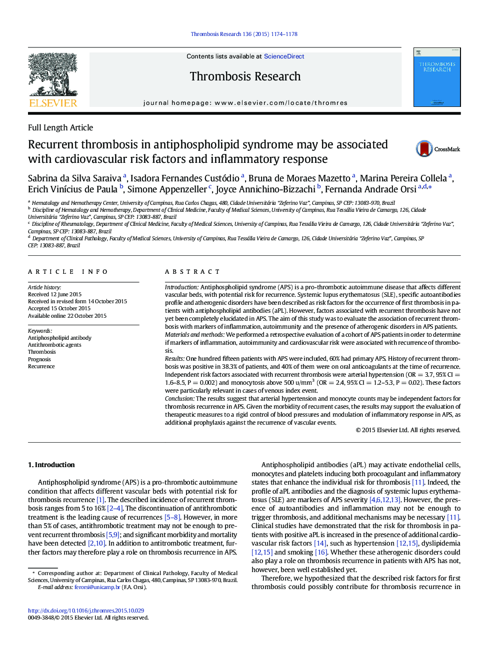 Recurrent thrombosis in antiphospholipid syndrome may be associated with cardiovascular risk factors and inflammatory response