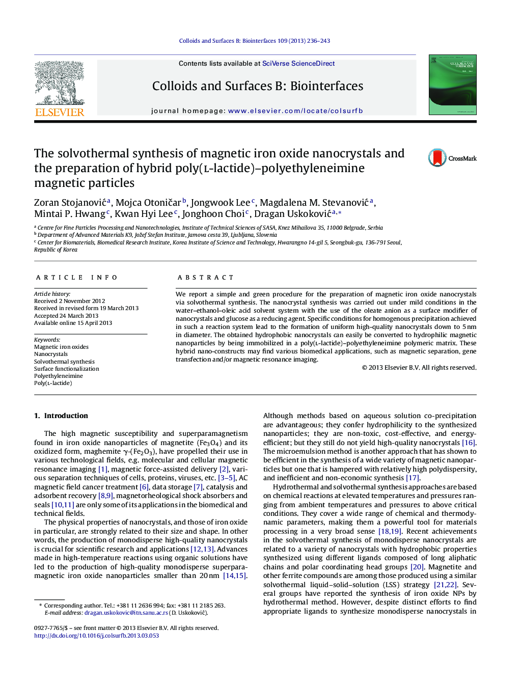 The solvothermal synthesis of magnetic iron oxide nanocrystals and the preparation of hybrid poly(l-lactide)-polyethyleneimine magnetic particles