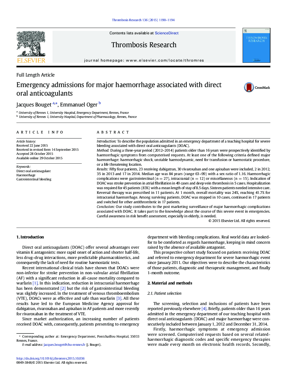 Emergency admissions for major haemorrhage associated with direct oral anticoagulants