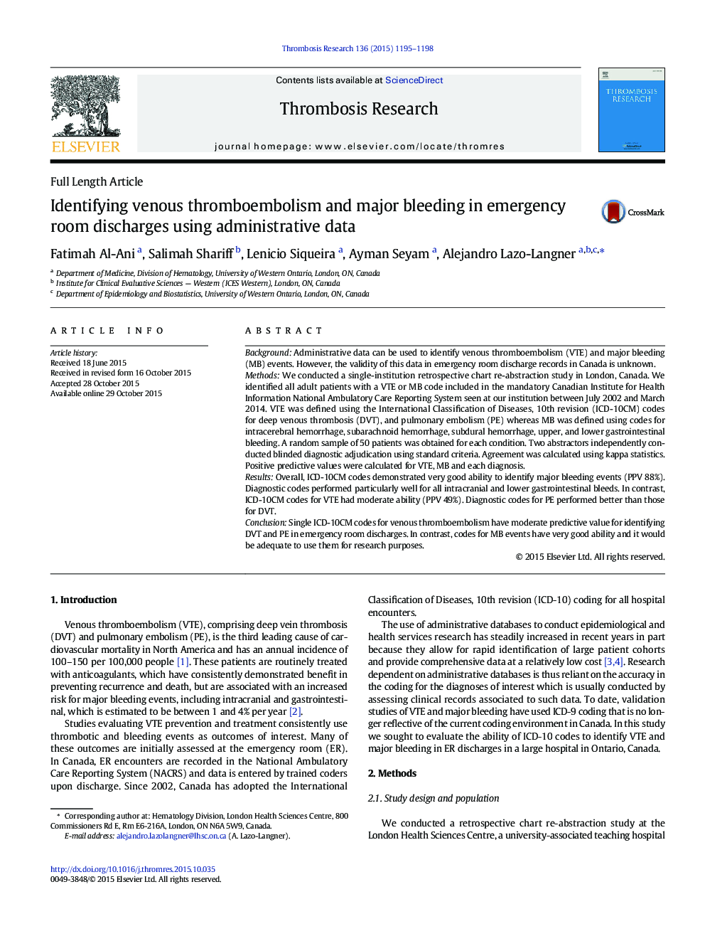 Identifying venous thromboembolism and major bleeding in emergency room discharges using administrative data