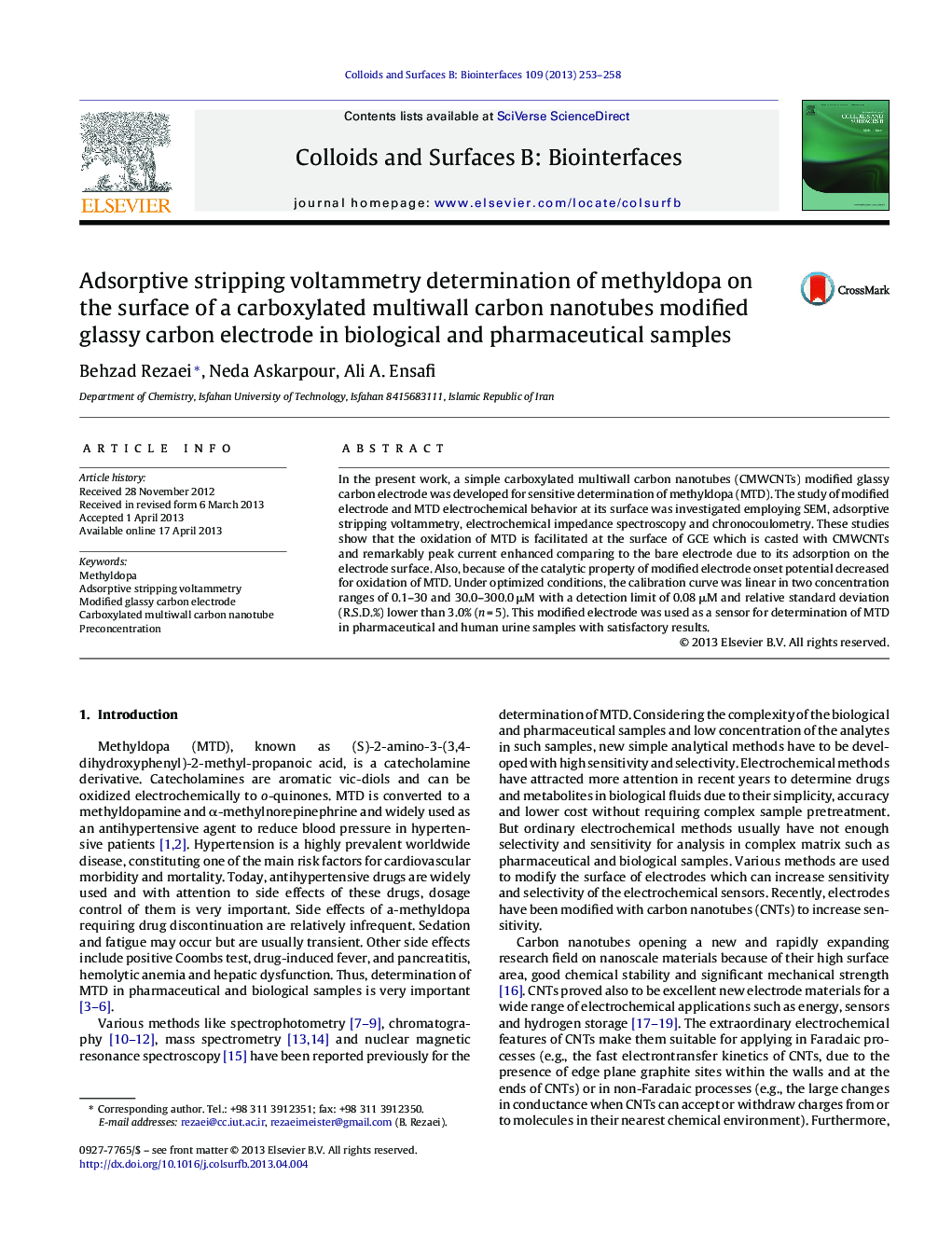 Adsorptive stripping voltammetry determination of methyldopa on the surface of a carboxylated multiwall carbon nanotubes modified glassy carbon electrode in biological and pharmaceutical samples