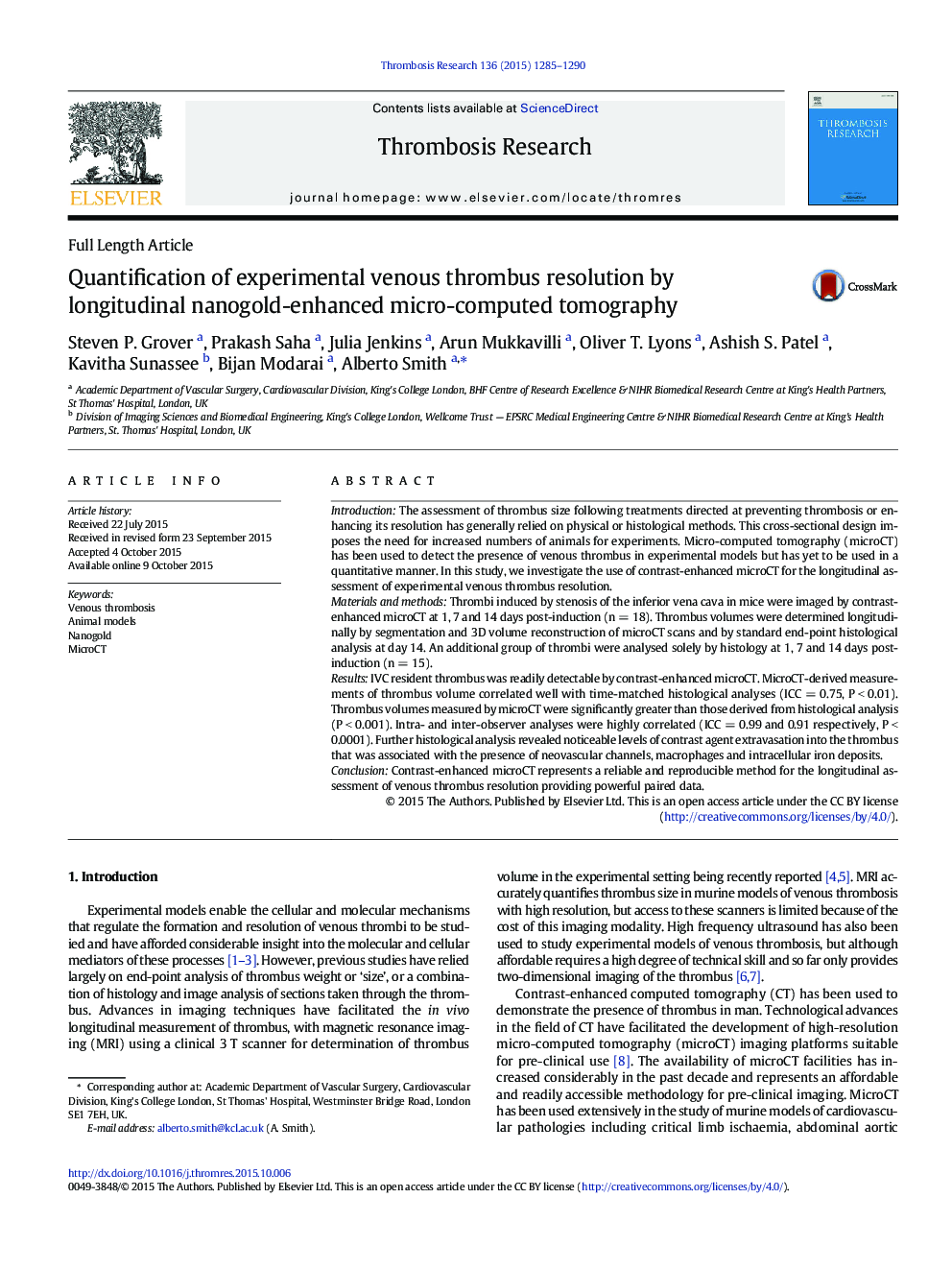 Quantification of experimental venous thrombus resolution by longitudinal nanogold-enhanced micro-computed tomography