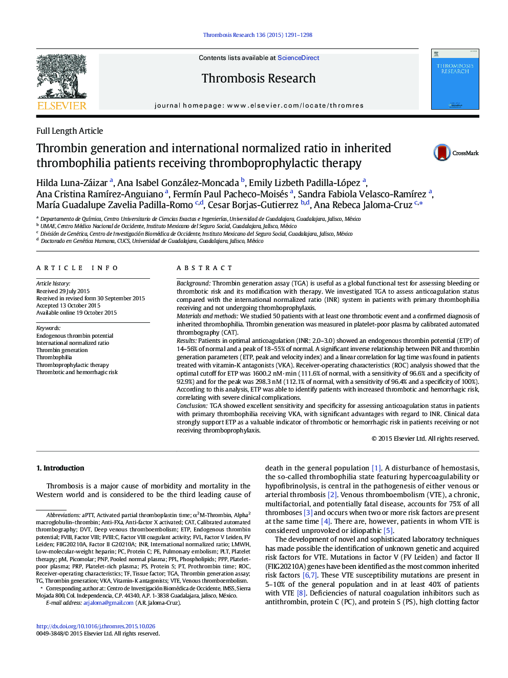 Thrombin generation and international normalized ratio in inherited thrombophilia patients receiving thromboprophylactic therapy