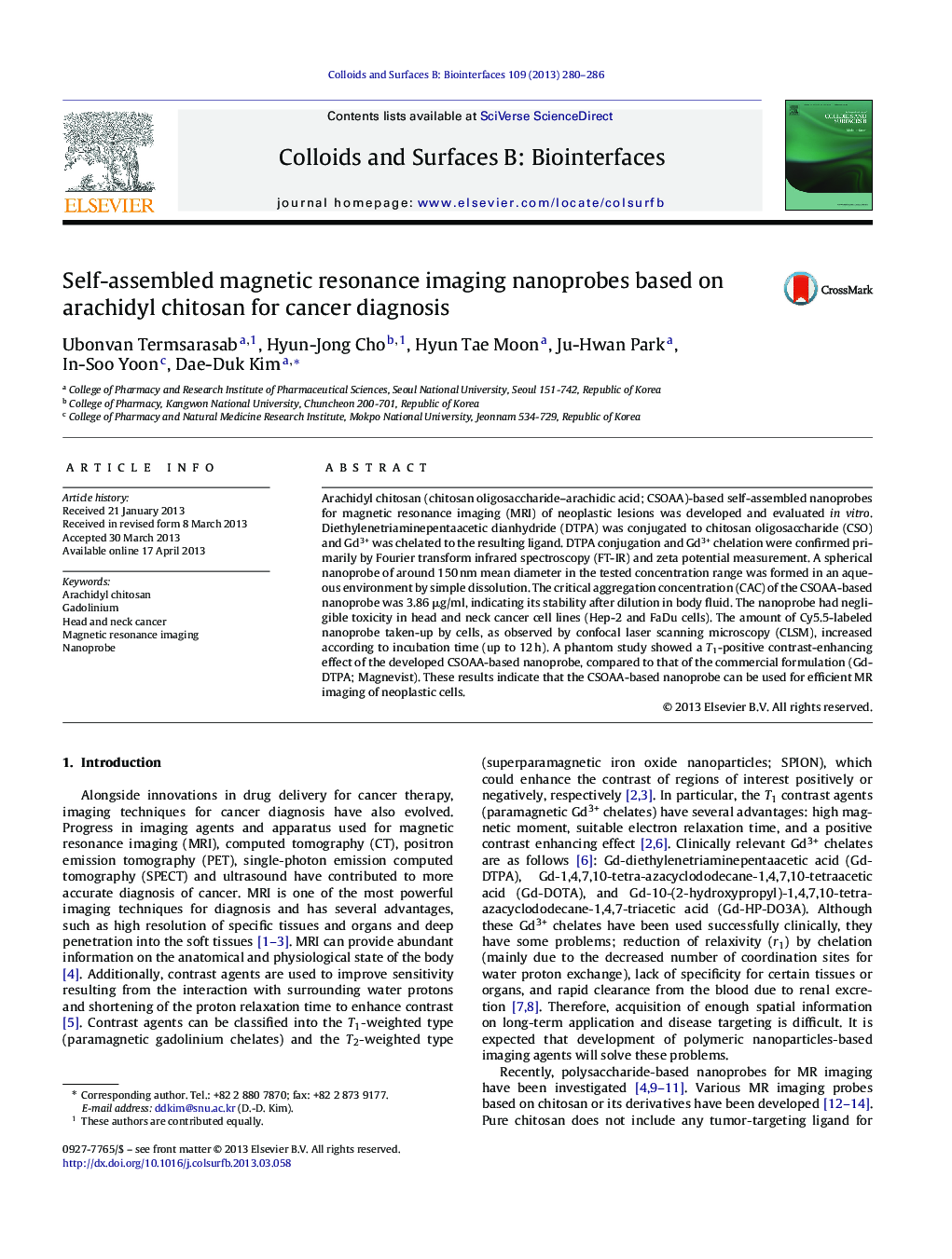 Self-assembled magnetic resonance imaging nanoprobes based on arachidyl chitosan for cancer diagnosis