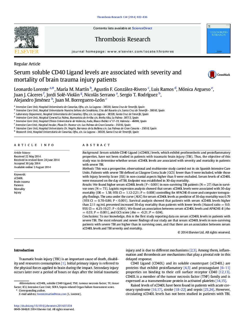 Serum soluble CD40 Ligand levels are associated with severity and mortality of brain trauma injury patients