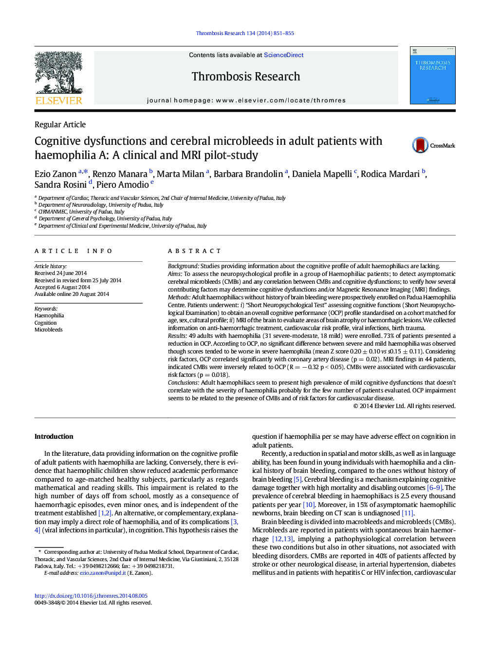 عکس صفحه اول مقاله: Cognitive dysfunctions and cerebral microbleeds in adult patients with haemophilia A: A clinical and MRI pilot-study Cognitive dysfunctions and cerebral microbleeds in adult patients with haemophilia A: A clinical and MRI pilot-study