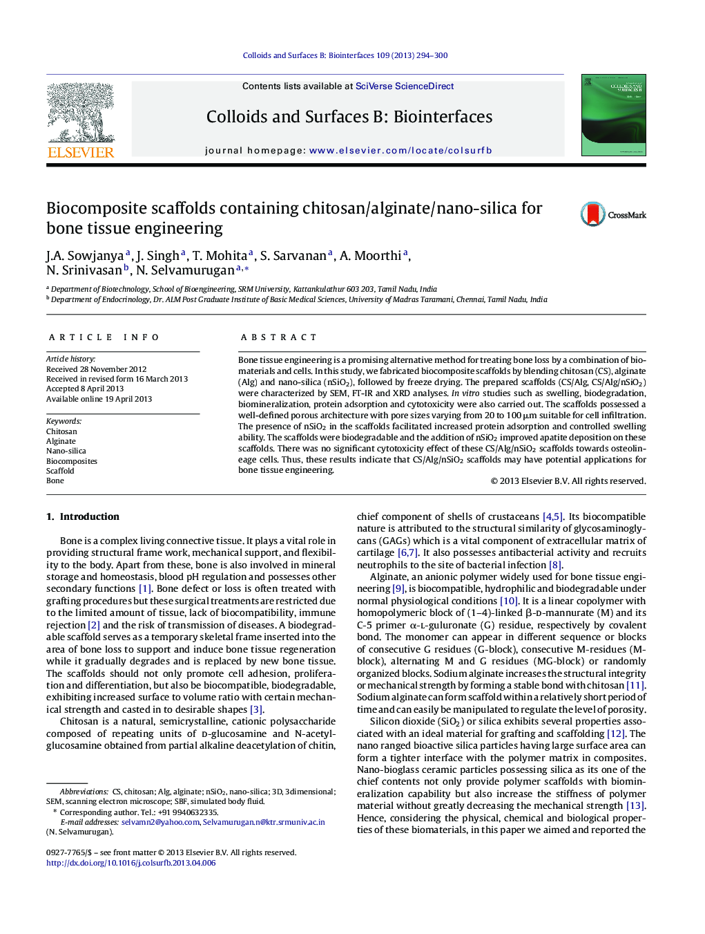 Biocomposite scaffolds containing chitosan/alginate/nano-silica for bone tissue engineering