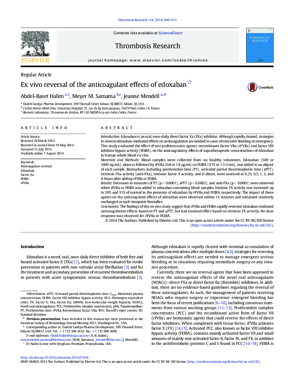 Ex vivo reversal of the anticoagulant effects of edoxaban