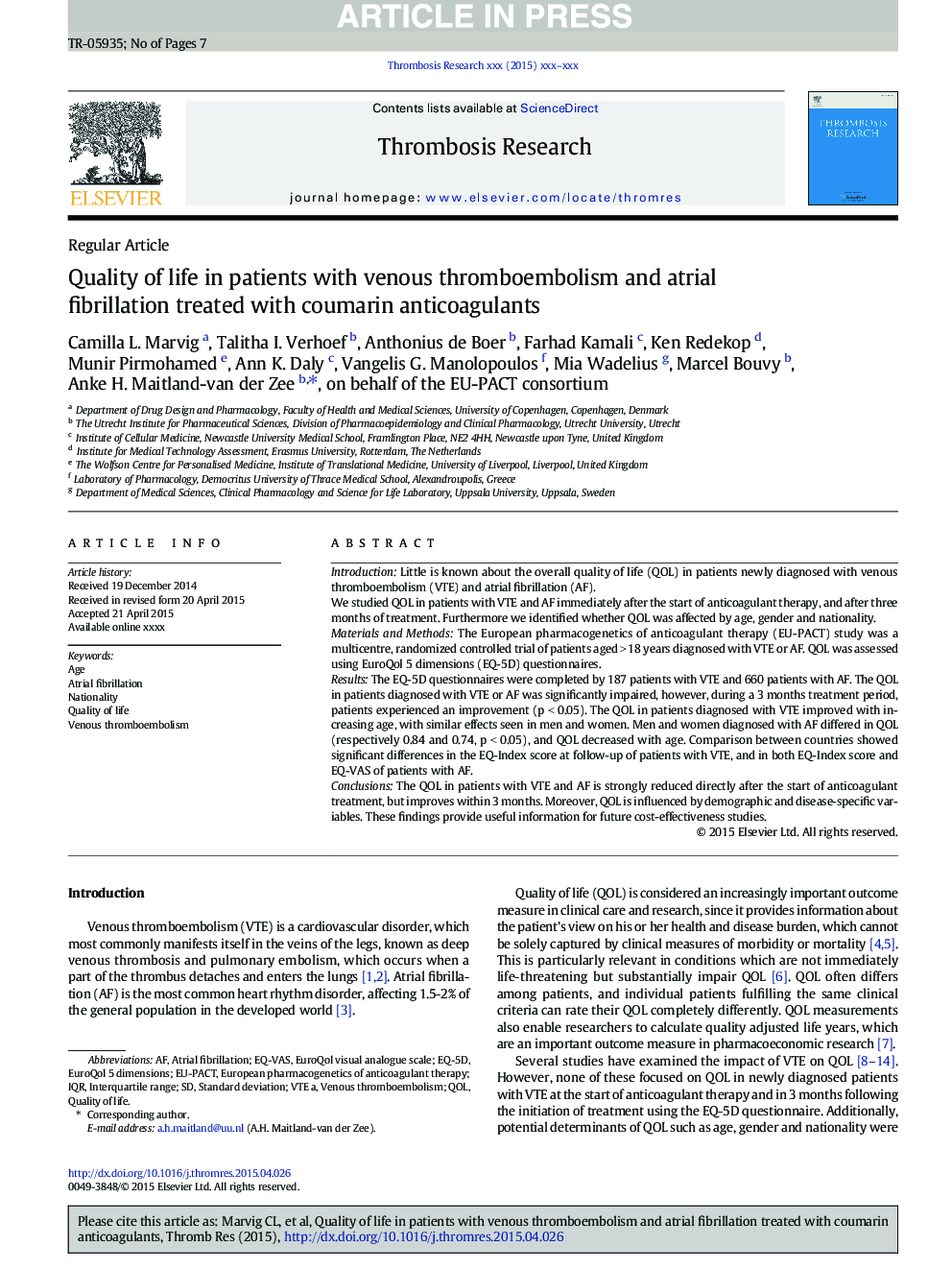 Quality of life in patients with venous thromboembolism and atrial fibrillation treated with coumarin anticoagulants